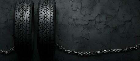 Photo of a pair of chained tires hanging on a wall, with plenty of space for text or other elements with copy space