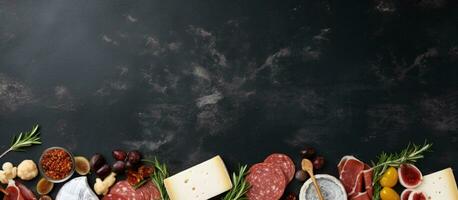 Photo of an assortment of meats and cheeses on a black background with copy space