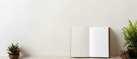 Photo of a book and potted plant on a table with empty space for text with copy space