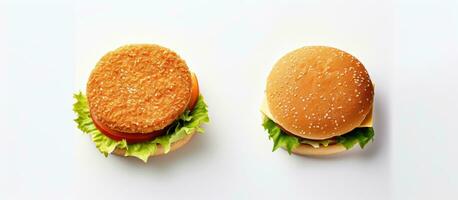 Photo of two delicious hamburgers with fresh lettuce and juicy tomatoes on a plate with copy space