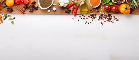 Photo of a variety of food arranged on a wooden cutting board with copy space