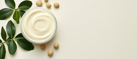 Photo of a jar of cream with nuts and leaves, perfect for a nutritious and delicious snack with copy space