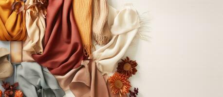 Photo of colorful scarves hanging on a wall, creating a vibrant and artistic display with copy space