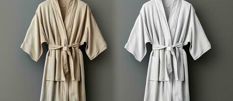 Photo of two identical robes hanging side by side on a wall with copy space