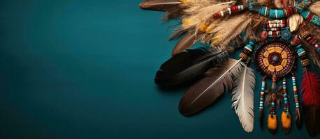 Photo of an Indian headdress with feathers on a blue background with copy space