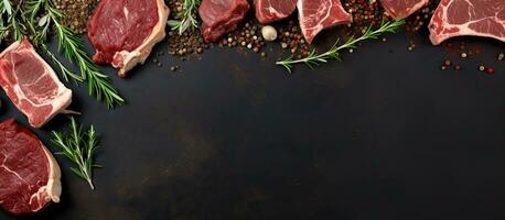 Photo of raw meat with herbs and spices on a black background with copy space