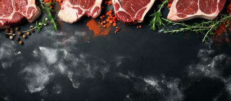 Photo of raw meat with spices and herbs on a black background with copy space