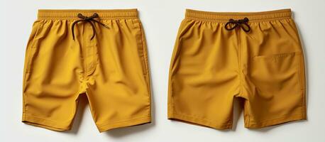 Photo of a vibrant pair of yellow shorts hanging on a white wall with plenty of copy space with copy space