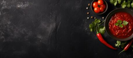 Photo of tomato sauce and fresh tomatoes side by side on a table with copy space