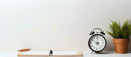 Photo of an alarm clock and pen on a desk, with plenty of space for your own notes and reminders with copy space