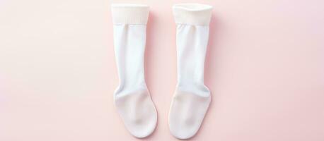 Photo of a pair of white socks on a pink background with copy space