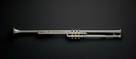 Photo of a shiny silver trumpet on a dark background with plenty of space for customization with copy space