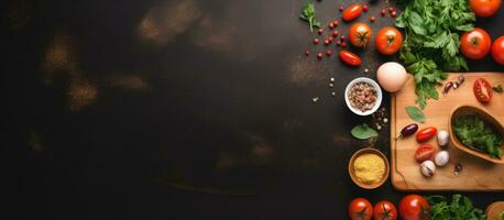 Photo of a colorful assortment of fresh vegetables on a wooden cutting board with copy space