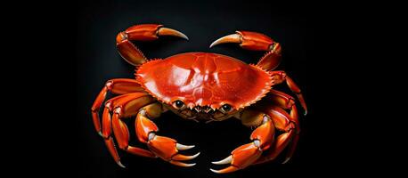 Photo of a crab in a dramatic close up on a black background with copy space
