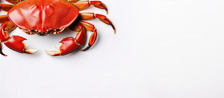 Photo of a close up view of a crab on a white background with copy space