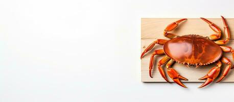 Photo of a crab on a wooden block against a white background with copy space