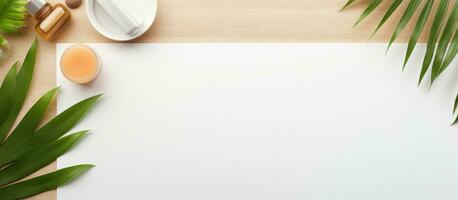 Photo of a white paper on a table next to a vibrant green plant with copy space