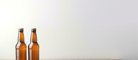 Photo of two brown bottles on a wooden table with empty space for text or other elements with copy space