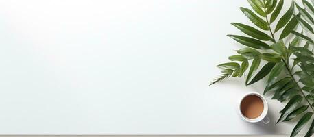 Photo of a plant and a cup of coffee on a table with plenty of space for your own creative ideas with copy space