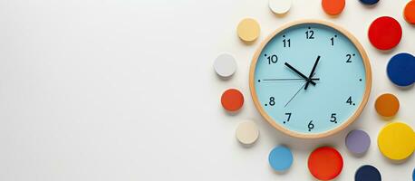 Photo of a clock hanging on a wall with empty space around it with copy space