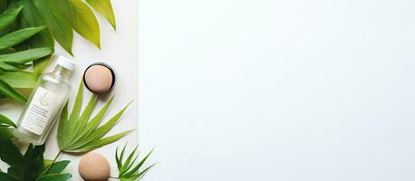 Photo of eggs and lotion on a table with empty space for text or design with copy space