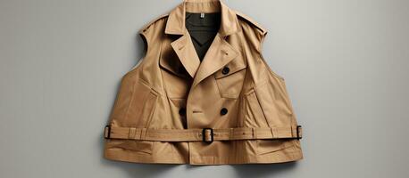 Photo of a stylish tan leather jacket hanging on a wall with empty space for text or design with copy space