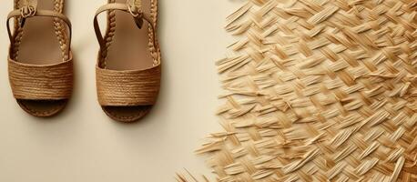 Photo of a pair of sandals resting on a table, creating a relaxed and summery atmosphere with copy space