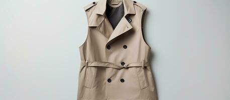 Photo of a stylish trench coat hanging on a blank wall, creating a minimalist and sophisticated atmosphere with copy space