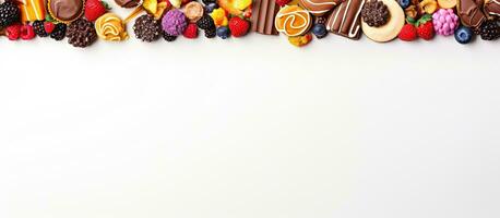 Photo of various types of candy on a clean white background with copy space