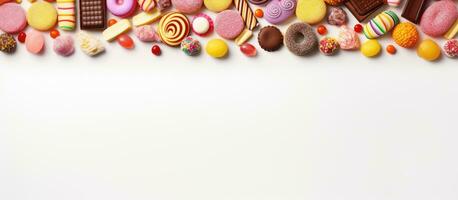 Photo of a colorful assortment of candies on a clean white background with copy space