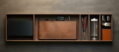 Photo of a wooden shelf with a leather folder and various objects with copy space