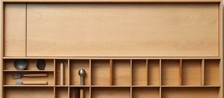 Photo of a rustic wooden shelf with an assortment of kitchen utensils and spoons with copy space