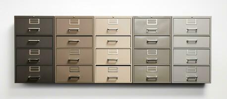 Photo of a wall mounted file cabinet with multiple drawers, providing organized storage space with copy space