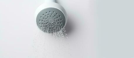 Photo of a shower head with water flowing out in a close up view with copy space