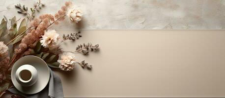 Photo of a beautifully arranged vase of flowers and a cup on a table with plenty of space for your own message or design with copy space