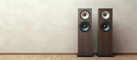 Photo of a pair of speakers on a sleek hardwood floor with ample space for your creative needs with copy space