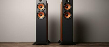 Photo of a pair of speakers on a wooden floor with ample copy space with copy space