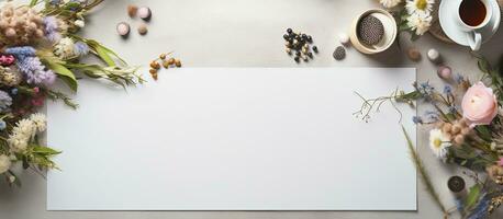 Photo of a blank sheet of paper surrounded by vibrant flowers, with plenty of space for your own creative ideas with copy space