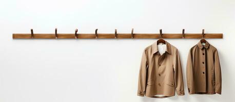 Photo of a coat rack with two coats hanging on it with copy space