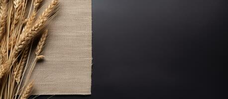 Photo of a close up view of wheat on a cloth with copy space for text or design with copy space