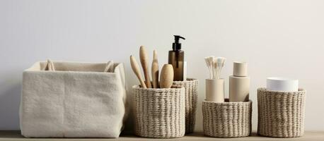 Photo of bathroom accessories displayed on a table with empty space for text or graphics with copy space