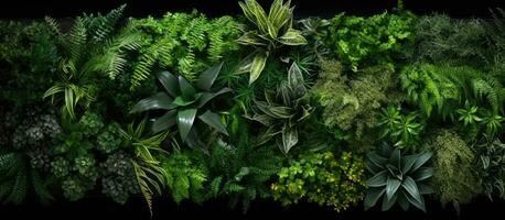 Photo of a lush green living wall filled with a variety of thriving plants with copy space