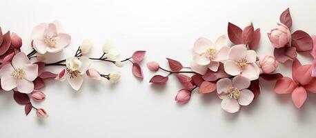 Photo of a white wall adorned with beautiful pink and white flowers, offering ample copy space with copy space