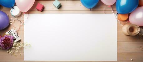 Photo of a blank white sheet of paper surrounded by colorful balloons and confetti with copy space