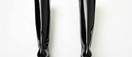 Photo of black high heeled boots on white background with copy space with copy space