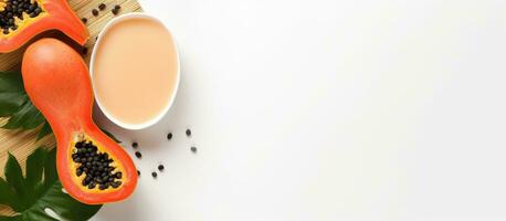 Photo of a cup of coffee and a half eaten papaya on a table with empty space for text or copy with copy space