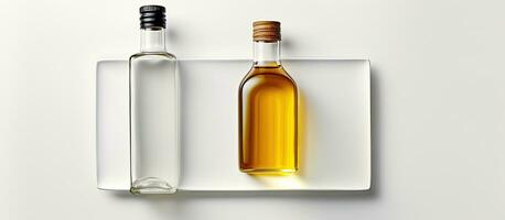 Photo of two bottles of olive oil on a white plate with copy space with copy space