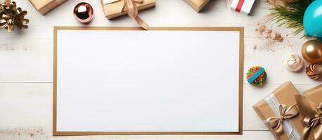 Photo of a festive white board decorated with presents and Christmas ornaments with copy space