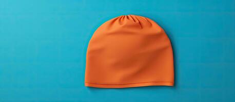 Photo of an orange beanie on a vibrant blue background with plenty of space for copy or text overlay with copy space