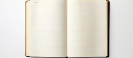 Photo of an open notebook on a white surface with plenty of space for writing or drawing with copy space